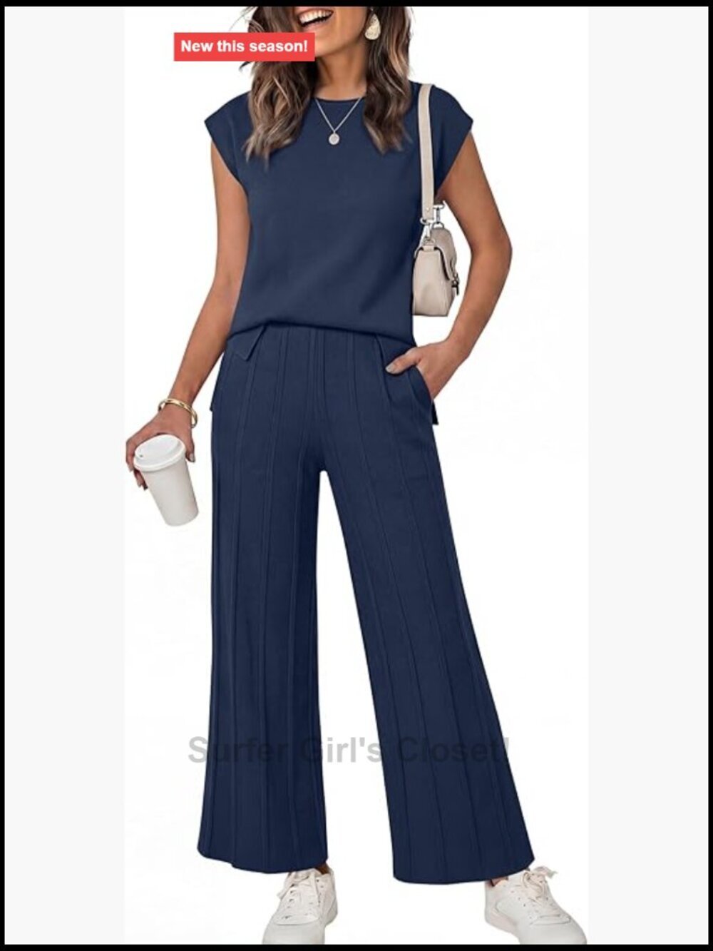 Women 2 Piece Knit Lounge Set - Sweater Vest and Wide Leg Pants - Casual